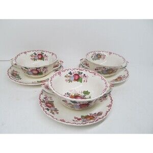Masons Vintage Ironstone Fruit Basket Set Of 3 Cream Soup Bowls With Saucers